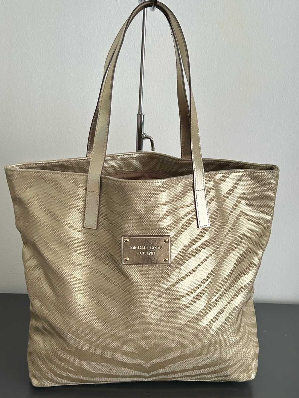Michael Kors Metallic Gold Zebra Print Tote Shoulder Bag Large Purse - Picture 3 of 12